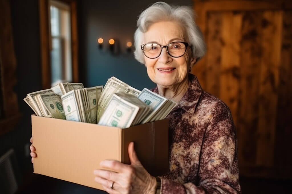 Old lady holds in hands big box full of money in home interior , grandparents inheritance or succession concept image